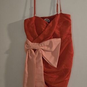 Elegant Red Dress with Pink Bow